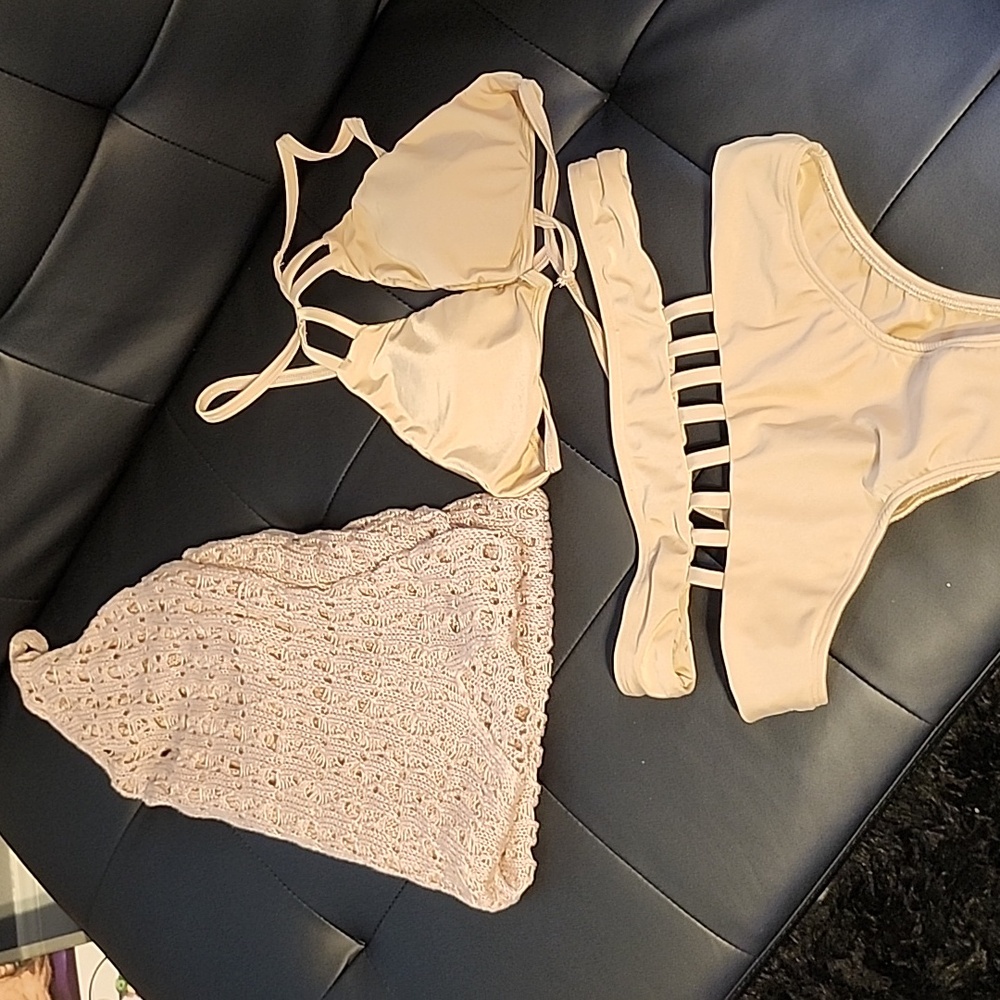 Keva J 2 piece with coverup nude strapping bikini padded triangle top sz Med